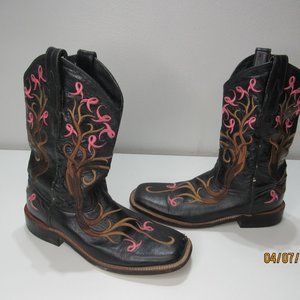 lagrange Western Cowgirl leather black boots 9.5M Women Ribbon Breast Cancer Ed.